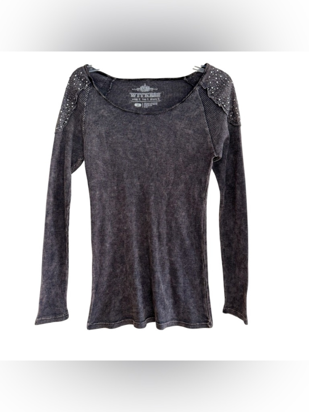 Y2K Witness Gray Dark Mineral Wash Top Studded Shoulders Grunge Goth M